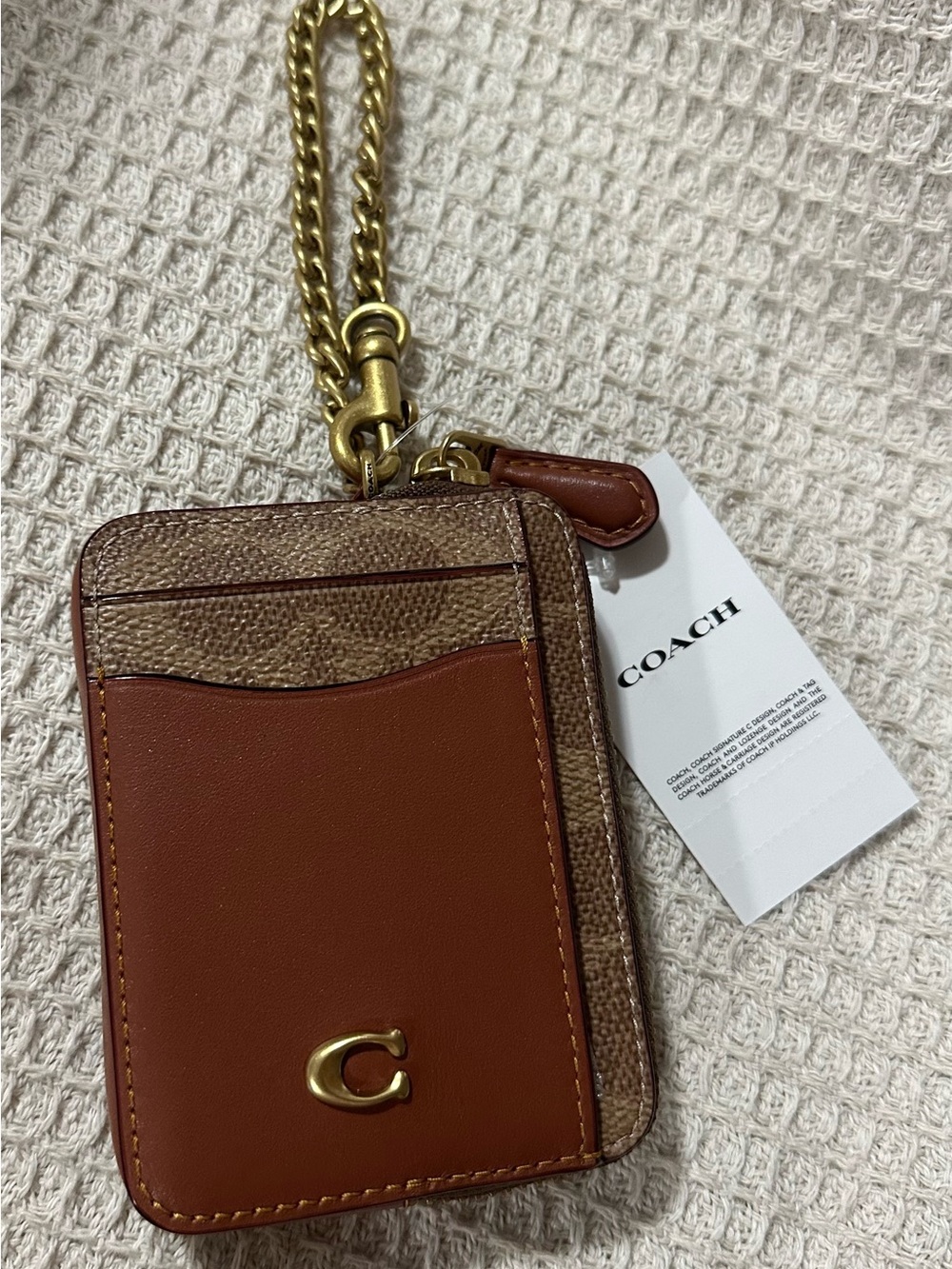 Coach Brown Leather Card Case with Gold Chain Accent